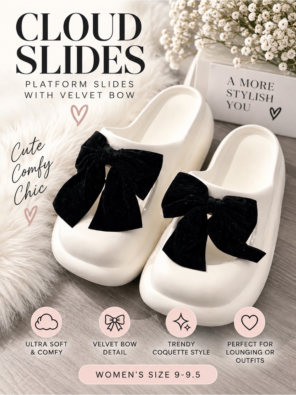 White Platform Slides Black Velvet Bow Coquette Clogs Women’s 9-9.5